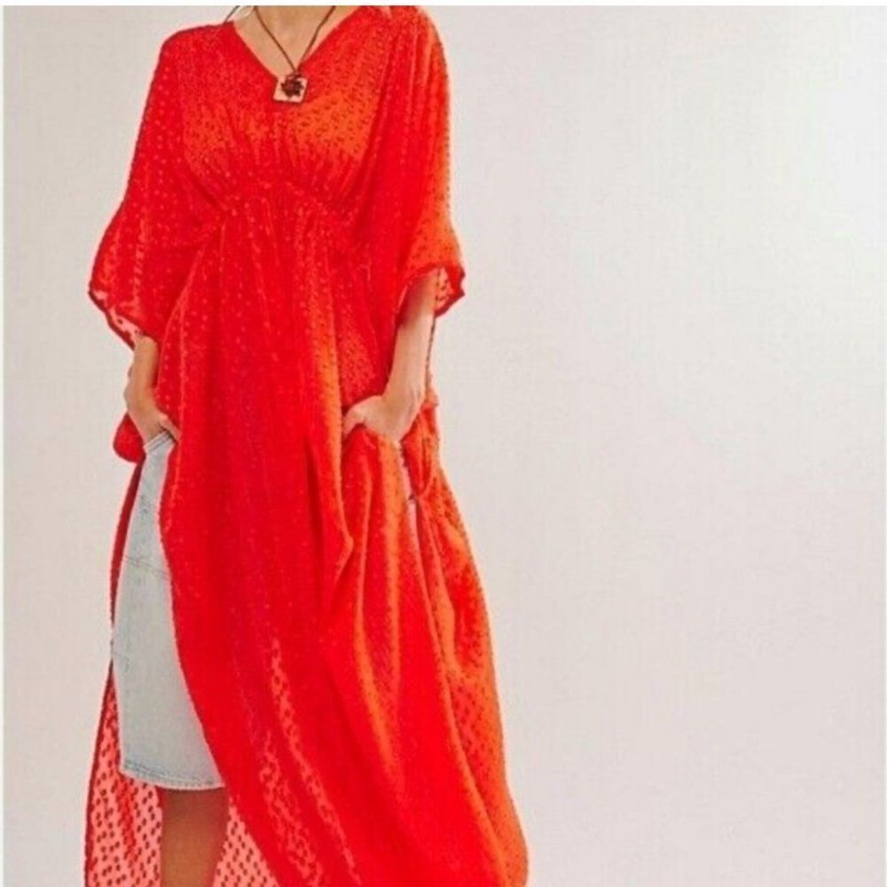 Free People Stevie Sheer Beach Kaftan in Red / Bright Orange NWT One Size